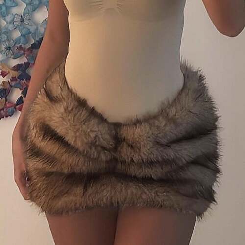 Women Sexy Slim Skirt Faux Fur Ruched Waist Fall Winter
