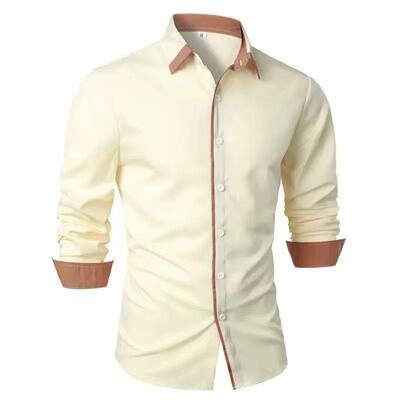 Men slim sleeve casual button up shirt color block collar