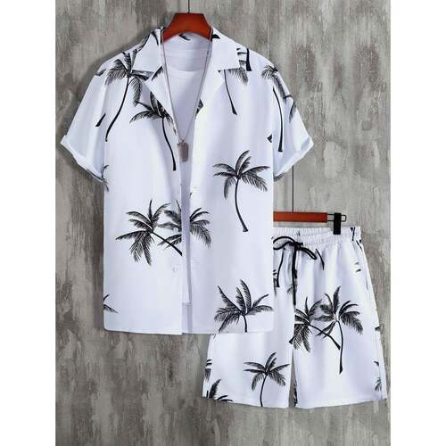 Men Tropical Coconut Print Shirt Shorts Two Matching Set