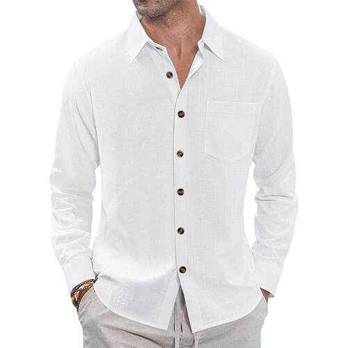 Men Linen Shirt Casual Sleeve Button Front Collar Pocket
