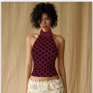 Women Polka Dot Print Contrast Lace Halter Neck Tank Chic
