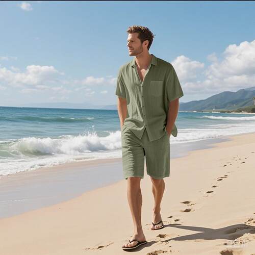 Men Color Sleeve Button Up Shirt Shorts Set Casual Tropical