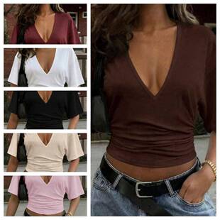 Women Summer Knit Casual Everyday V Neck Shirt Elastic