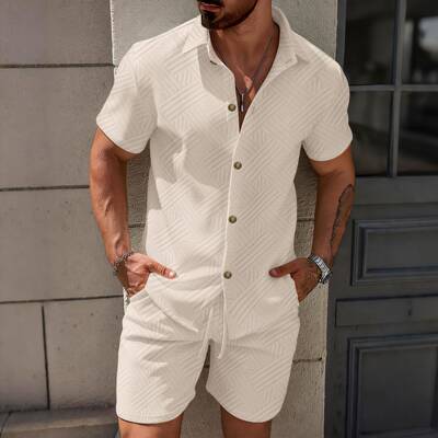 Men Jacquard Shirt Shorts Set Color Sleeve Summer Two Outfit