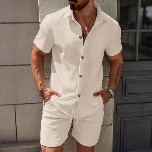 Men Jacquard Shirt Shorts Set Color Sleeve Summer Two Outfit