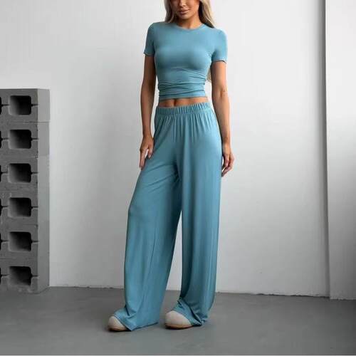 2pcs Women Color Slim Crop Flare Pants Set Breathable
