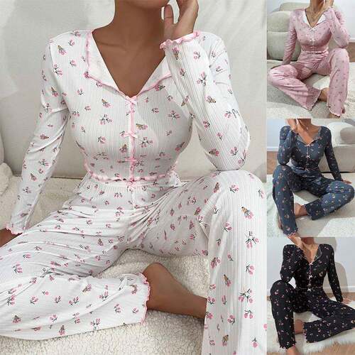 Two Set Women Over Print Lettuce Trim Button Front Pajamas