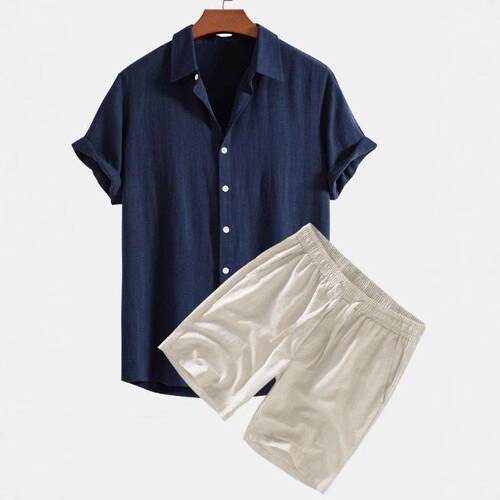 Men Plain Sleeve Shirt Shorts Loungewear Set Casual Comfy
