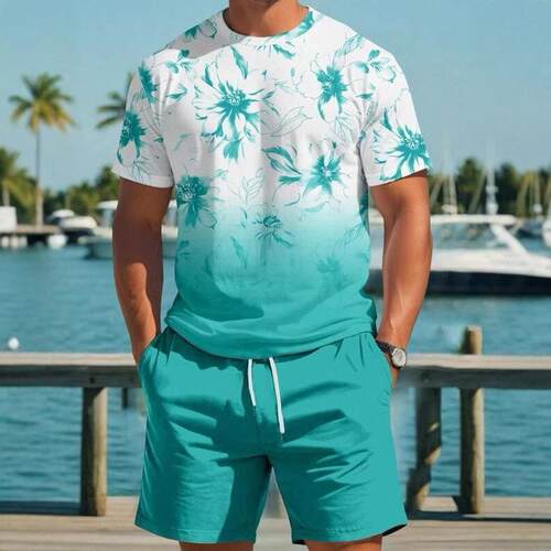 Men Coconut Tropical Print Tee Shorts Two Set Regular Casual