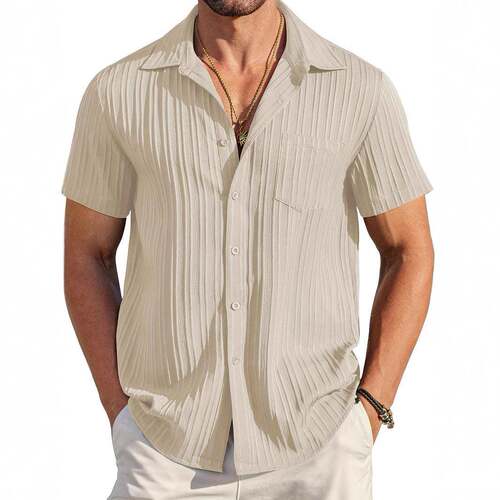 Men summer shirt casual Button Collared tropical plain color