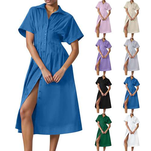 Shirt Dress Women Summer Casual Sleeve Button Pleated Maxi
