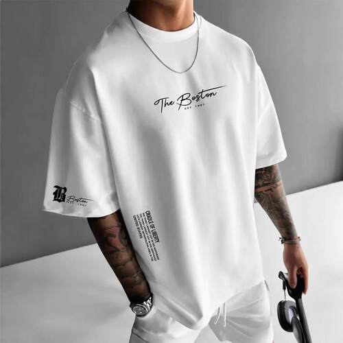 Men Letter Print Round Neck Tee Regular Casual Sleeve Crew