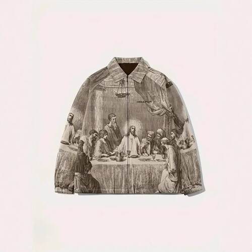 Men Oil Print Zip Up Jacket Turn Collar Street Casual