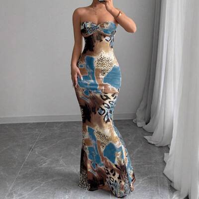 Sleeveless Twist Cutout Back Tie Up Bodycon Maxi Leopard