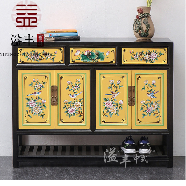 新中式实木手绘玄关鞋柜新古典榆木门厅餐边储物柜全卯榫家具订置