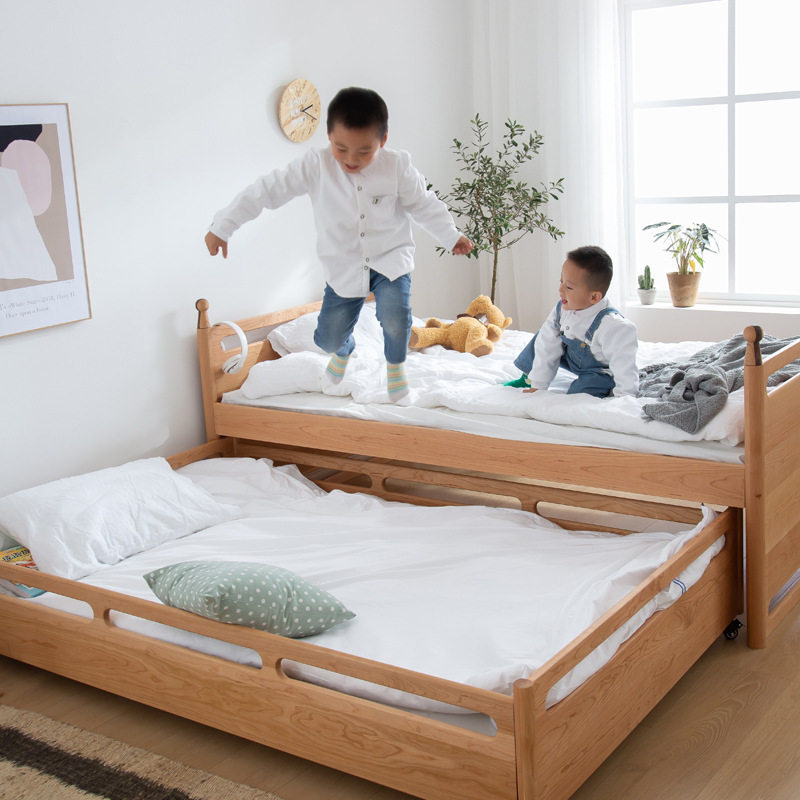 北欧全实木儿童推拉双层床小户型