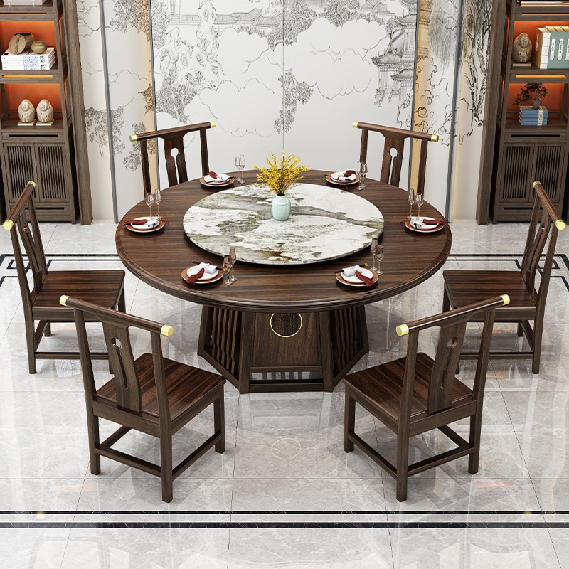 新中式乌金木餐桌椅组合实木圆桌现代酒店轻奢岩板家用餐桌大圆桌