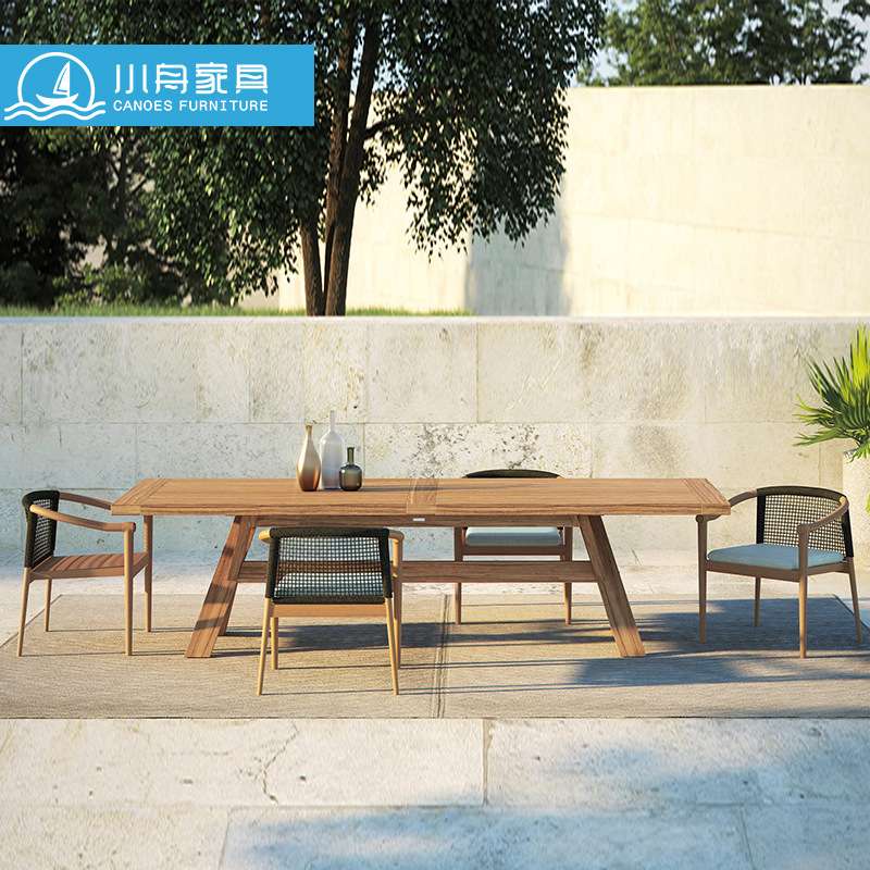 小舟户外柚木休闲桌椅庭院室外露台绳编椅子实木长桌圆桌餐椅组合