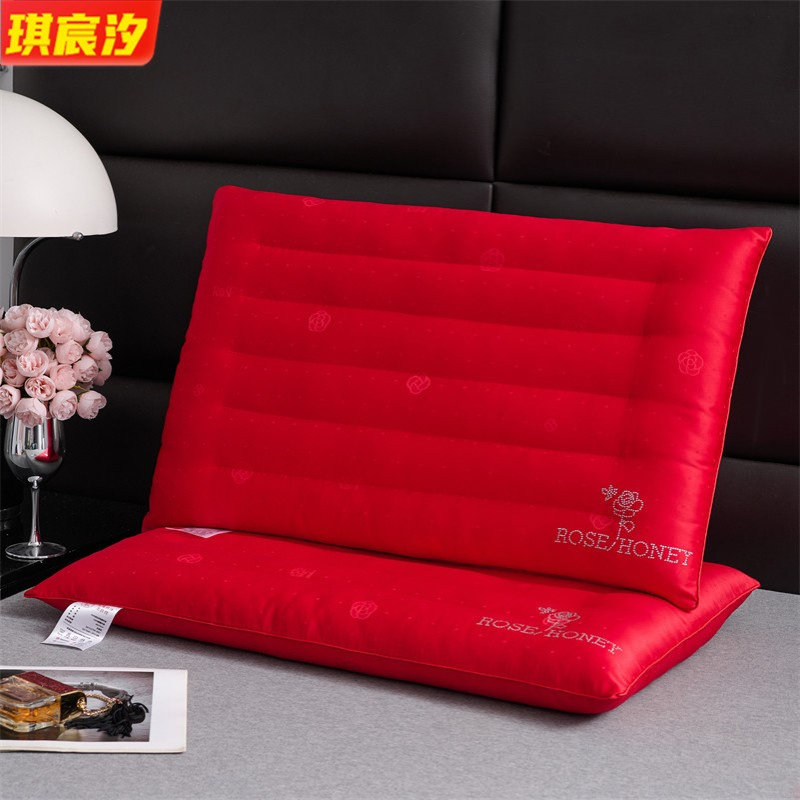 新款结婚红色枕芯烫画钻石玫瑰羽丝绒婚庆低枕头芯婚房床头高枕芯