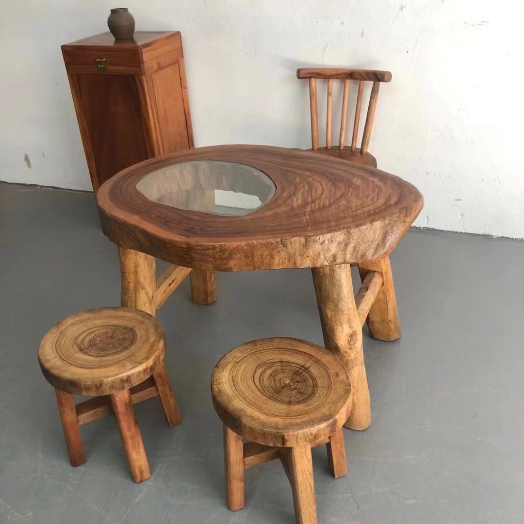 原木家具实木茶台香樟木石磨茶桌异形创意简约小户型阳台玻璃茶几