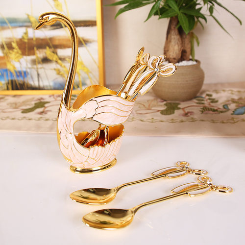 大号天鹅果叉座创意金天鹅水果叉子套装餐具摆件创意天鹅咖啡勺子