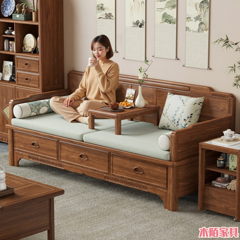 全实木罗汉床北美樱桃木实木沙发床小户型多功能复古实木沙发床