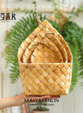 北欧编织篮田园壁挂花篮厨房姜蒜收纳筐复古手提杂货厨具阳台吊篮