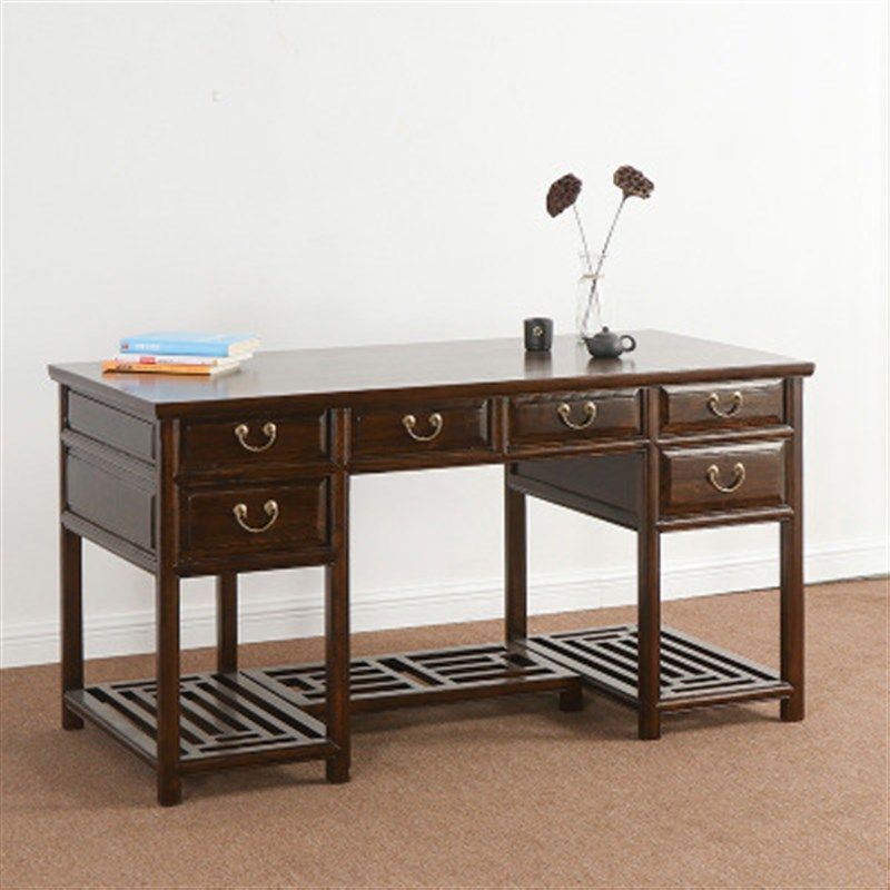 新中式老榆木办公桌禅意免漆写字台书桌实木仿古电脑桌简约家具