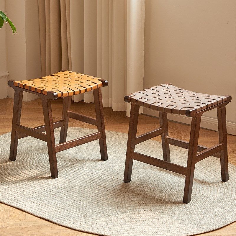 实木轻奢马鞍革矮凳家用餐凳客厅凳子换鞋凳简约复古风方凳梳妆凳