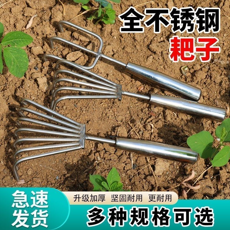 一体钢柄不锈钢小耙子松土蛤蜊赶海工具园林耙土海鲜小耙子