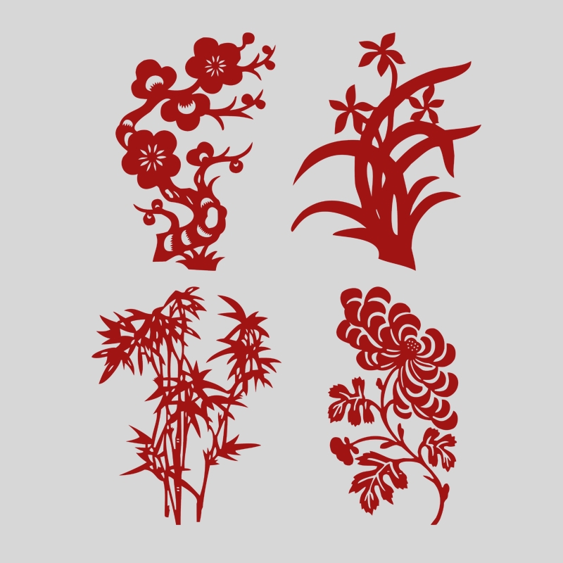 红宣纸传统手工刻纸梅兰竹菊窗花剪纸学生装饰成品植物贴纸画