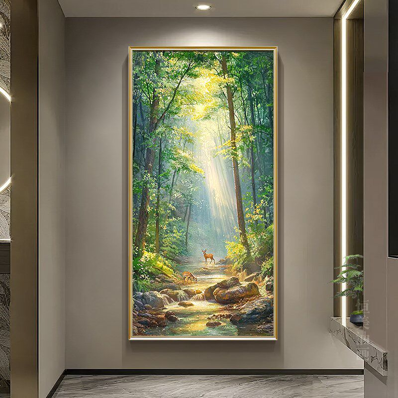《林间协奏曲》玄关装饰画森林z之鹿风景手绘油画走廊过道轻奢挂