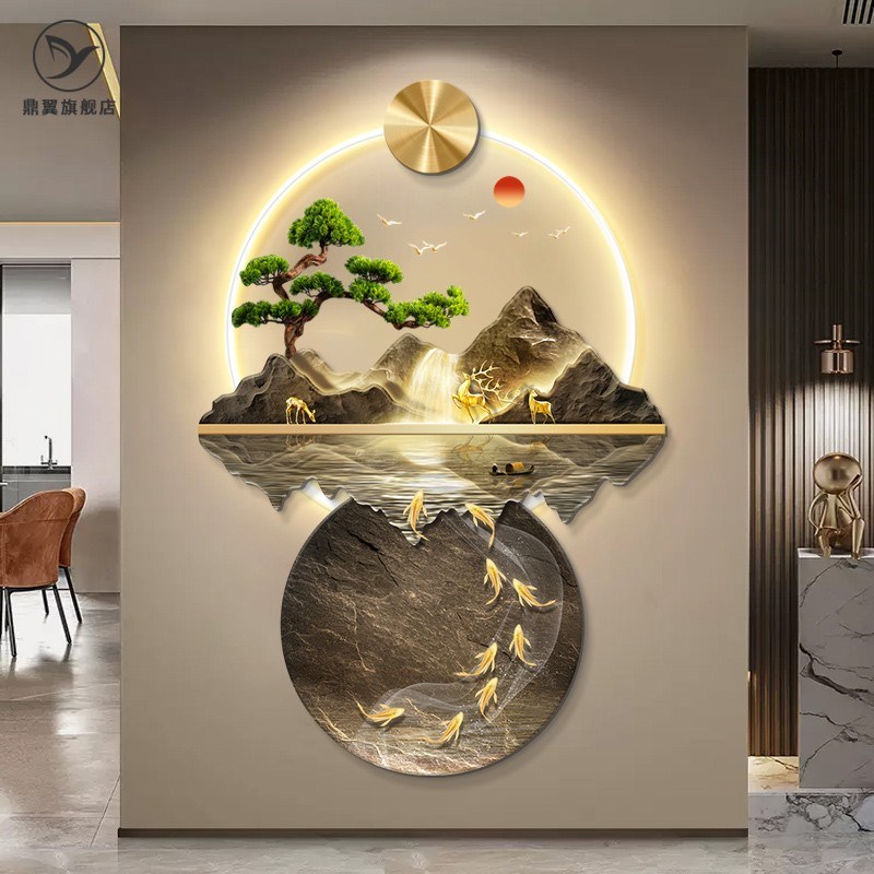 带灯玄关装饰画2024年新款高端入D户正对门走廊尽头过道挂画山水