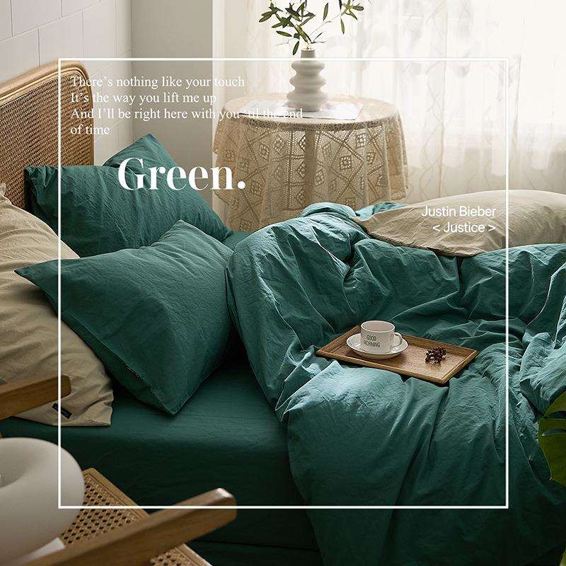 日式简约素色纯棉水洗棉四件套全棉纯色被套床单学生宿舍床笠款