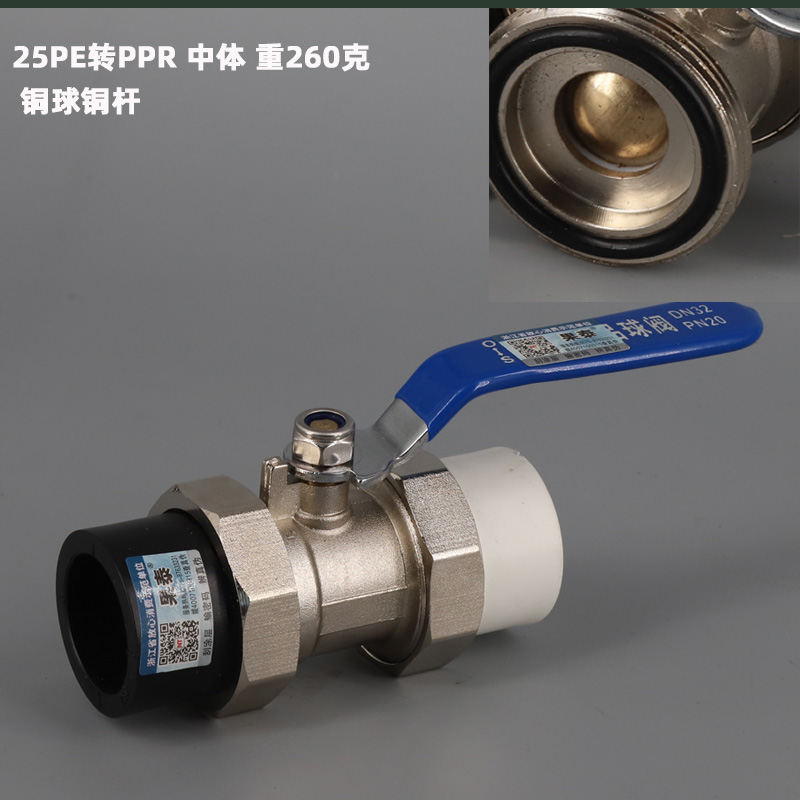 全铜PPR转PE双活接球阀自来水4 6分DN热熔50阀门25开关32水阀63