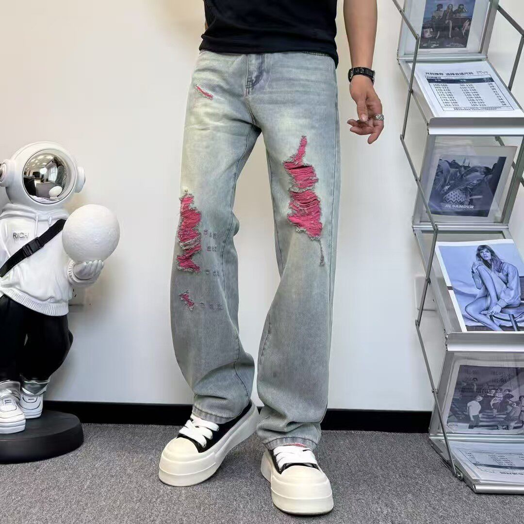 男士春夏潮流复古水洗做旧个性破洞流苏设计牛仔裤时尚百搭直筒裤