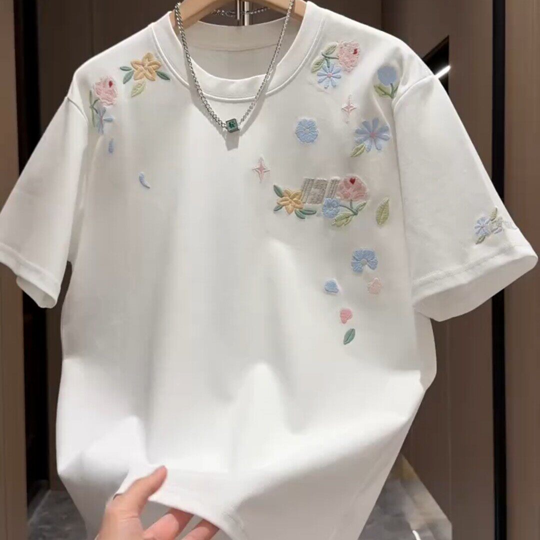 夏潮牌百搭宽松重磅碎花刺绣短袖