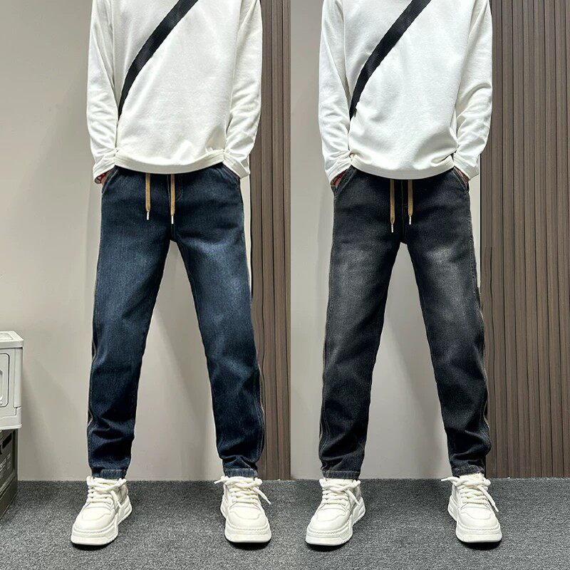 高级感韩版潮流条纹拼接牛仔裤男