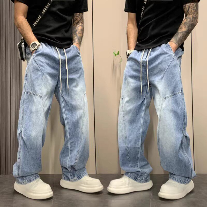2026年新款春季水洗牛仔裤男宽松阔腿直筒抽绳休闲长裤青春流行