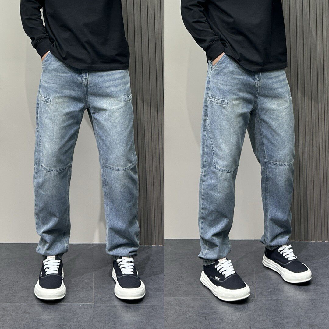 夏季薄款潮流韩版痞帅蓝色水洗宽松哈伦裤青年男士休闲牛仔裤子男