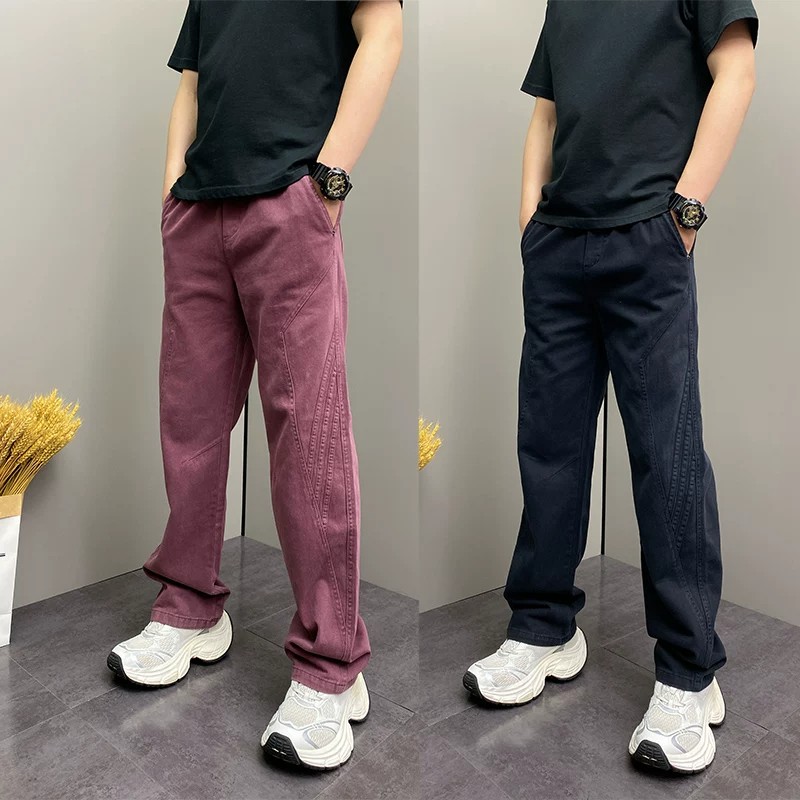 早秋美式酒红直筒牛仔裤男