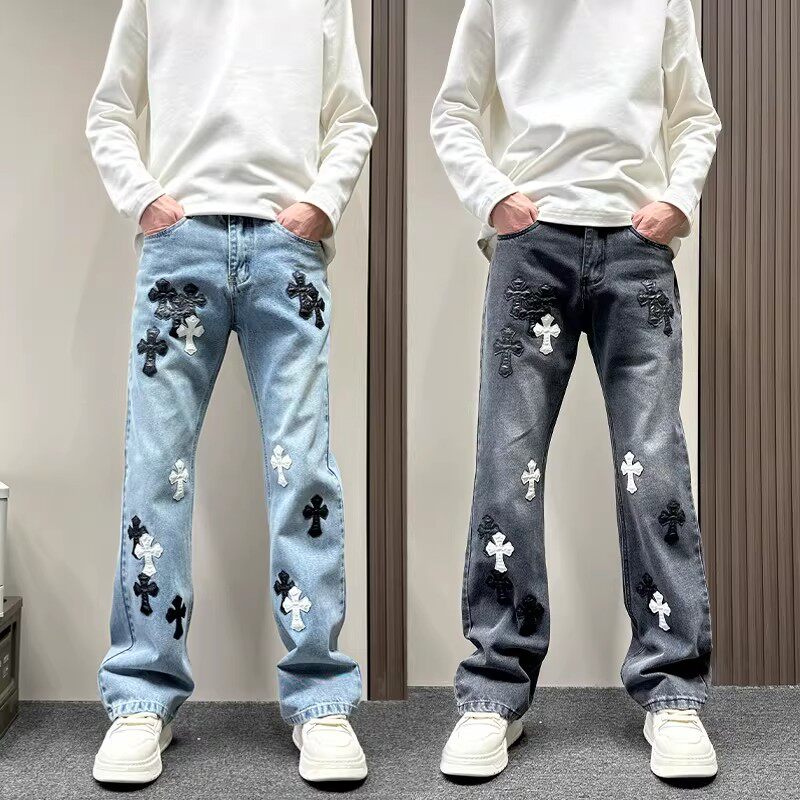 2026春秋季潮牌cleanfit十字架刺绣水洗牛仔裤男款微喇直筒裤子潮