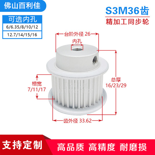 S3M36齿精加工 B型带凸台阶 同步轮槽宽7/11/17皮带轮齿外径33.62