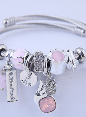 跨境货源欧美 不锈钢开口手链天使翅膀爱心手链字母水晶手链女