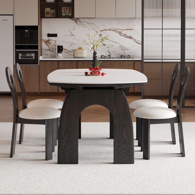 法式实木岩板餐桌椅子家用小户型现代简约方圆两用可伸缩折叠桌子