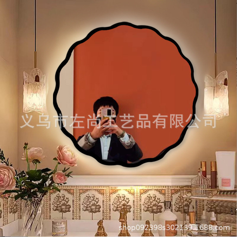 法式复古浴室镜圆形化妆镜玻璃镜壁挂梳妆镜带灯除雾卫生间镜子