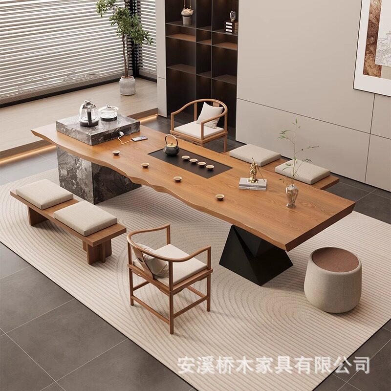 意式轻奢实木大板茶桌椅组合
