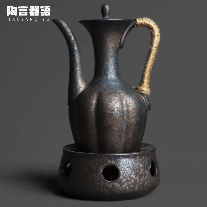 复古粗陶窑变黑金宋持温酒器套装搭配保温蜡烛底座手持暖酒倒酒器