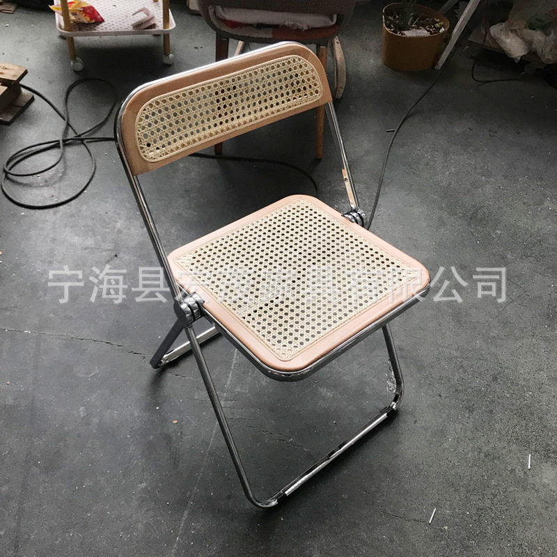 北欧中古编藤折叠椅子 简约家用复古藤编收纳靠背餐椅编藤折叠椅