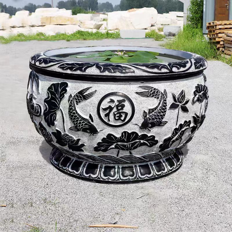 青石荷花石雕鱼缸庭院摆件